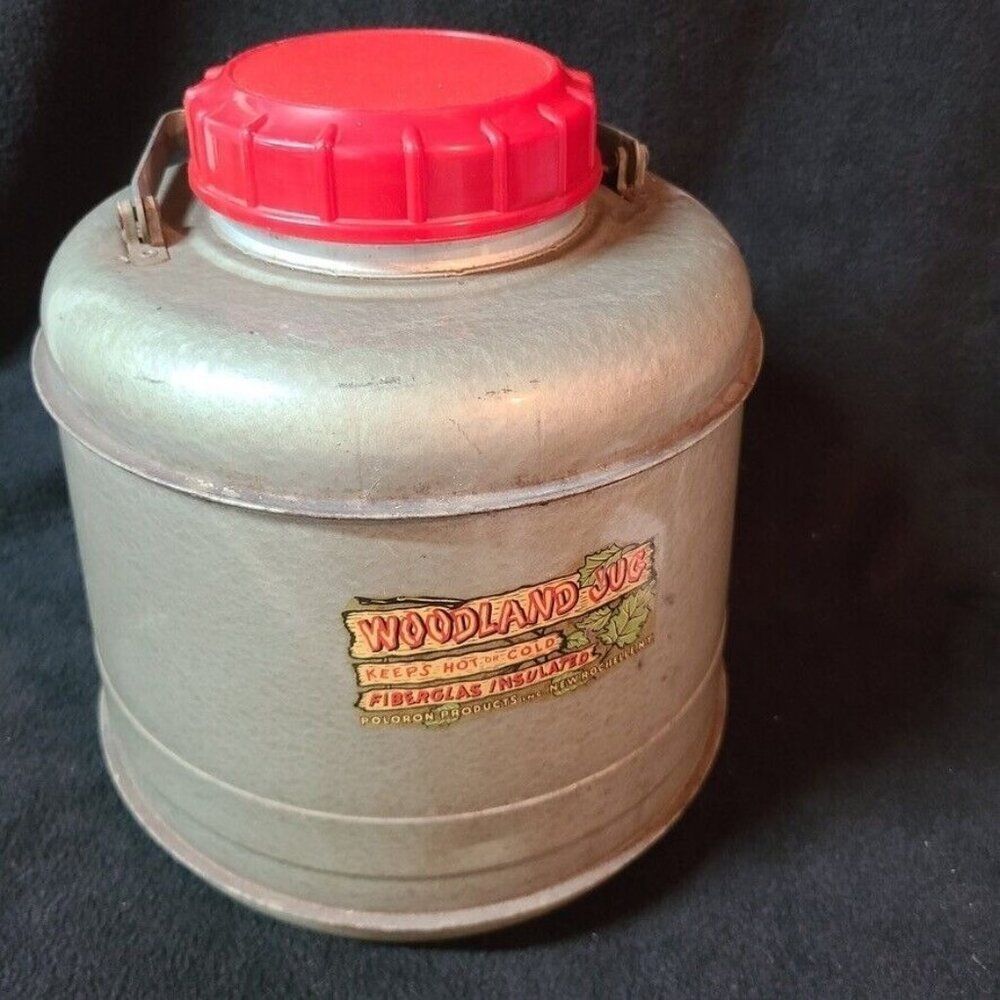 Vintage 50s Woodland Jug Insulated Fiberglass Hot Cold Thermos Poloron Silver
